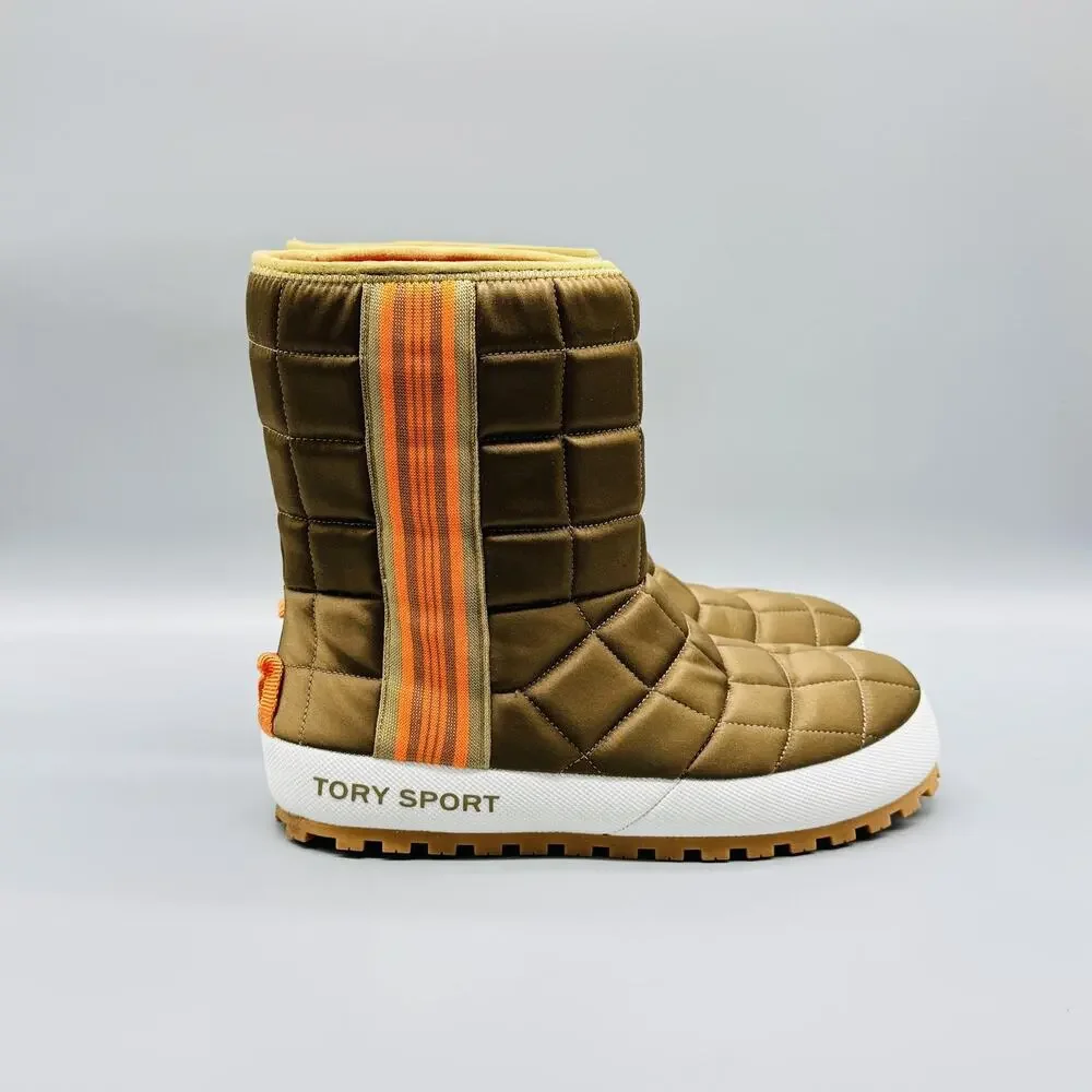 Tory Burch Boots Womens 7 Brown Orange Nylon Sport Quilted Puffer Stripe Winter